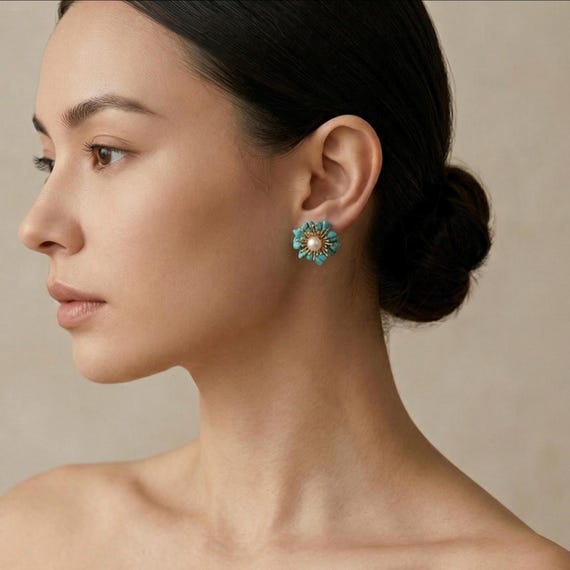 Handmade Turquoise and Pearl Flower Stud Earrings - Boho Jewelry
