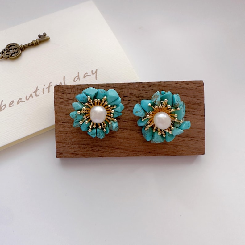 Handmade Turquoise and Pearl Flower Stud Earrings - Boho Jewelry image 5