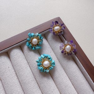 Handmade Turquoise and Pearl Flower Stud Earrings - Boho Jewelry image 10