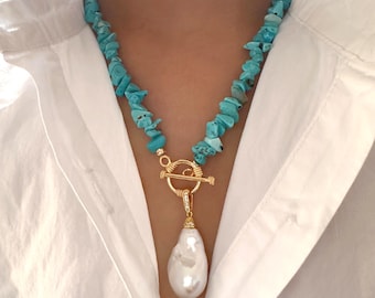 Turquoise Necklace Baroque Pearl Pendant, Handmade Statement Jewelry for Women