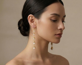 Gold Wire Wrapped Freshwater Pearl Drop Earrings, Handmade Pearl Cone Dangles Jewelry