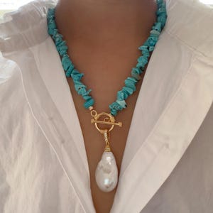 Turquoise Baroque Pearl Necklace – Handcrafted Blue Chip Turquoise Necklace, Unique Bridal, Daily Jewelry, Statement Necklace, Gift for her