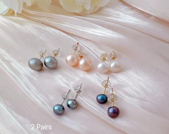 2 Pairs Freshwater Pearl Stud Earring Set: Sterling Silver, Colorful Second Pair