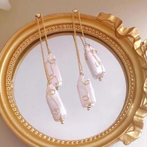Gold Baroque Pearl Drop Earrings: Adjustable Dangle Bridal Jewelry