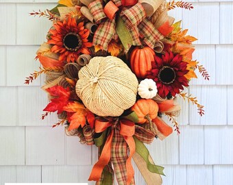 Fall Pumpkin & Sunflower Wreath – Rustic Plaid Bow, Burlap Accents, Yarn Pumpkin, Autumn Harvest Door Decor