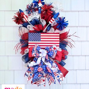 Patriotic 4th of July Wreath with Fireworks & American Flag | Red White Blue Mesh Wreath | Independence Day Door Decor