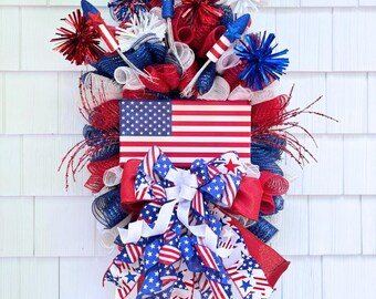 Patriotic 4th of July Wreath with Fireworks & American Flag | Red White Blue Mesh Wreath | Independence Day Door Decor
