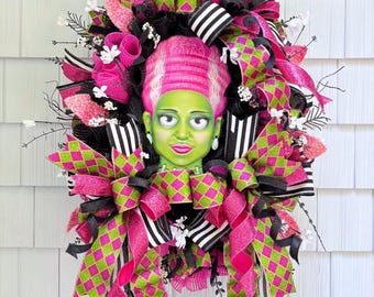 Spooky Chic Bride of Frankenstein Halloween Wreath – Pink, Green Gothic Glam Front Door Ribbon Wreath, Harlequin & Stripes, 24”