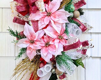 Pink Poinsettia Christmas Swag – Elegant Holiday Door Decoration with Ribbons, Ornaments & Gold Accents – Handmade Winter Decor