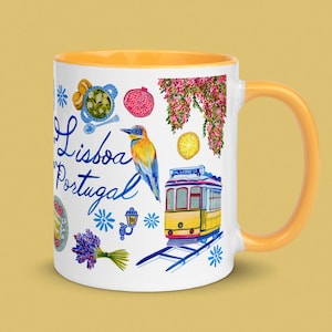 Lisbon Portugal Ceramic Mug in Yellow by H Miller Ink, Hand Drawn Coffee Mug, Kitchen Cup, Mug Gift Idea Travel Lovers, Portuguese Souvenir