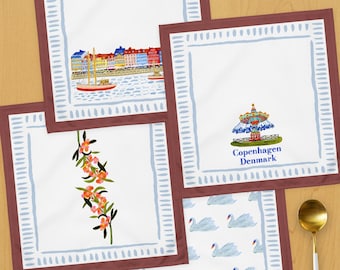 Copenhagen Denmark Cloth Napkin Set of 4 Illustrated by H Miller Ink, Hand Drawn Scandinavian Travel Art, Danish Kitchen Table Decor, 20x20
