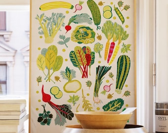 May include: A framed art print featuring a colorful illustration of various vegetables, including zucchini, radishes, carrots, and leafy greens. The artwork has a light background and a wooden frame, perfect for kitchen or dining room decor.