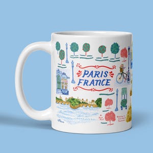 Tasse en céramique imprimée Paris par H Miller Ink, carte dessinée à la main, tasse à café, tasse à thé, tasse de cuisine, cadeau pour les amateurs de voyages, cadeau souvenir de Paris