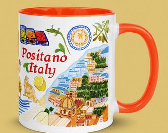 Positano Italy Ceramic Orange Mug Illustrated by H Miller Ink, Hand Drawn Amalfi Coast Travel Art Coffee Cup, Italian Kitchen Decor, 11oz