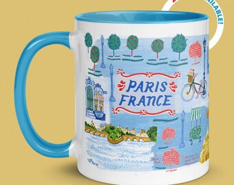 Paris France Ceramic Mug by H Miller Ink, 11oz, 15oz Blue Handle & Interior, Hand Drawn Travel Illustration Coffee Cup, French Kitchen Decor
