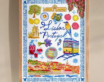 Framed Lisbon Portugal Travel Art Print Illustrated by H Miller Ink, Hand Drawn Lisboa Artwork, Portuguese Wall Decor, Sizes 9x12-18x24