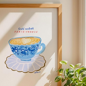 Cafe Au Lait Paris France Art Print by H Miller Ink, Hand Drawn Coffee Illustration, French Bistro Poster, Kitchen Wall Decor Size 5x7-10x10