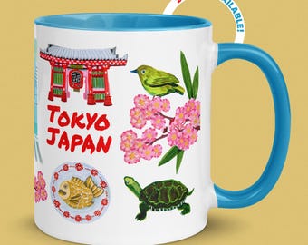 Tokyo Japan Ceramic Blue Mug Illustrated by H Miller Ink, Hand Drawn East Asia Travel Art Coffee Cup, Japanese Kitchen Decor, Size 11oz-15oz