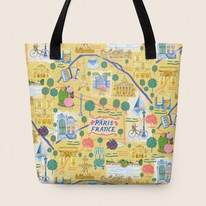 Gelbe Paris Print Markt Einkaufstasche von H Miller Ink | Wiederverwendbare Einkaufstasche | Niedliche Einkaufstasche für Reisende, Einkaufstasche Geschenk für Reiseliebhaber