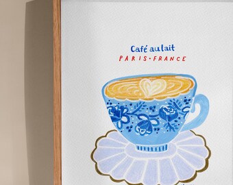 Framed Cafe Au Lait Paris France Travel Art Print Illustrated by H Miller Ink, Hand Drawn Parisian Artwork, French Wall Decor, 5x7-10x10