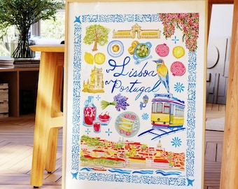 Lisbon Portugal Travel Art Print Illustrated by H Miller Ink, Hand Drawn Lisboa City Artwork, Portuguese Wall Decor, Sizes 9x12-18x24