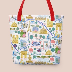 Weiße Paris Print Markt Tragetasche von H Miller Ink | Wiederverwendbare Einkaufstasche | Niedliche Einkaufstasche für Reisende, Einkaufstasche Geschenk für Reiseliebhaber