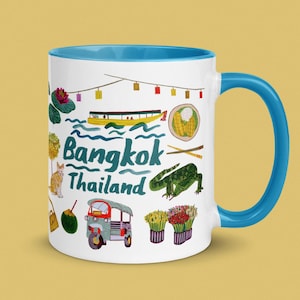 Bangkok Thailand Blue Ceramic Mug by H Miller Ink | Hand Drawn Coffee Mug, Tea Mug, Kitchen Cup, Mug Gift Idea Travel Lovers, Asia Souvenir