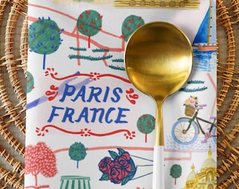 Paris Map in White Cloth Napkin Set of 4 Illustrated by H Miller Ink, Hand Drawn Parisian Travel Art, French Kitchen Table Decor, Size 20x20