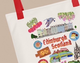 Edinburgh Scotland Tote Bag Illustrated by H Miller Ink, Hand Drawn UK City Travel Art & Striped Carryall, Scottish Souvenir, Size 15x15