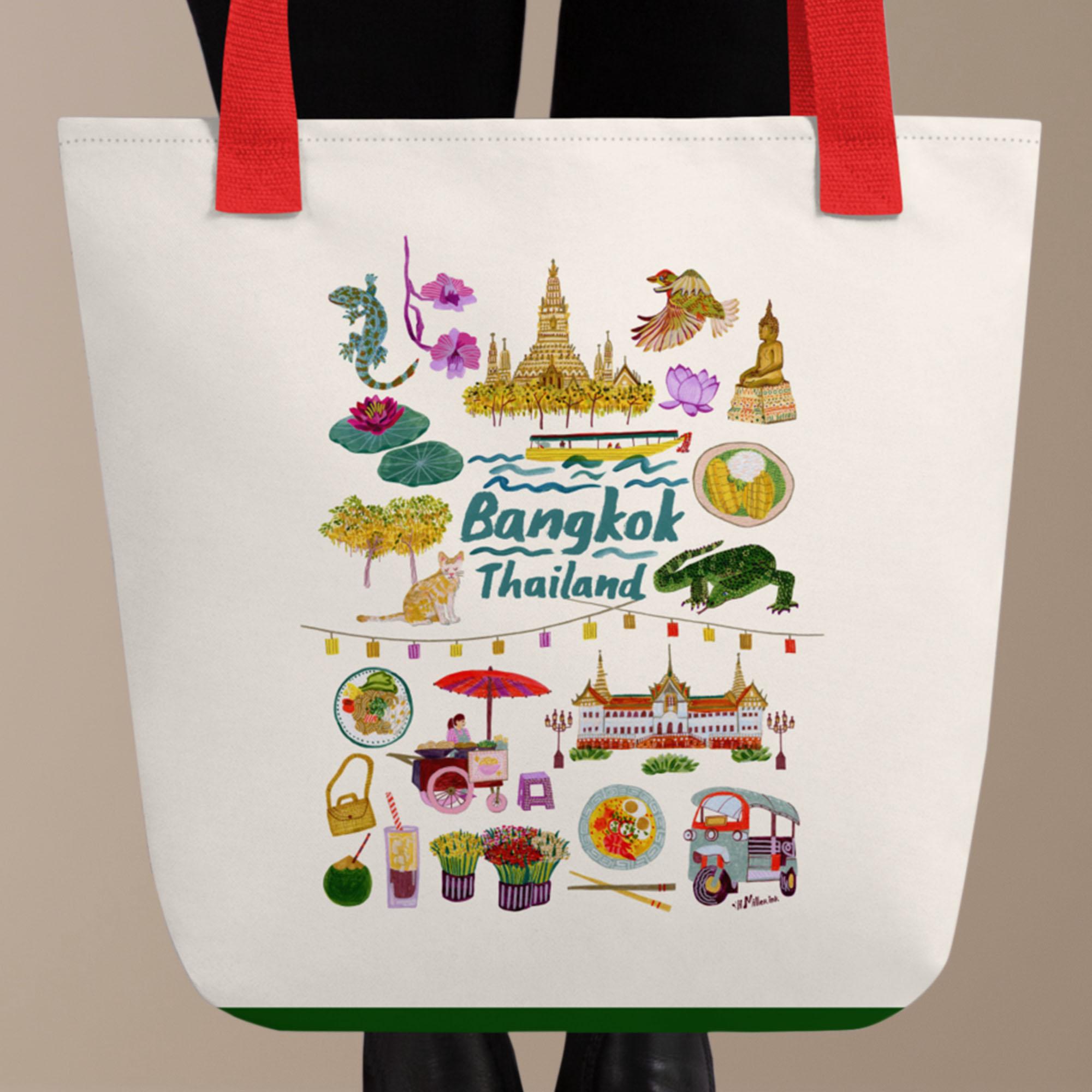 Bangkok Thailand Tote Bag Illustrated by H Miller Ink, Hand Drawn