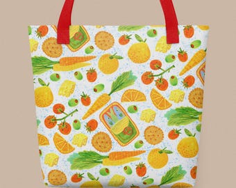 Illustrated Food Patterned Tote Bag by H Miller Ink, Size 15x15, All-Over Print Hand Drawn Snacks Illustration, Reusable Shopping Carryall