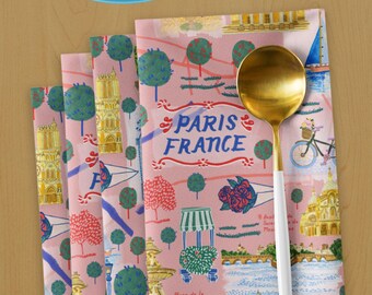Paris France Cloth Napkin Set of 4 in Pink Illustrated by H Miller Ink, Hand Drawn Parisian Travel Art, French Kitchen Table Decor, 20x20