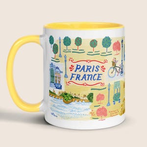 Gele Parijs print keramische mok van H Miller inkt, handgeschilderde kaart kunst koffiemok, leuke theemok, keukenkop, Parijs cadeau mok cadeau voor reiziger