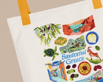 Santorini Greece Tote Bag Illustrated by H Miller Ink, Hand Drawn Mediterranean City Travel Art & Striped Carryall, Greek Souvenir, 15x15