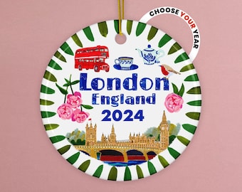 Custom London England Ceramic Ornament Illustrated by H Miller Ink, Hand Drawn UK Travel Art, English Holiday Bauble, Xmas Tree Decor, 2.76"