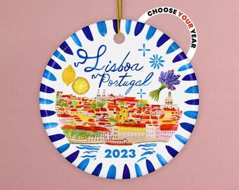Custom Lisbon Portugal Ceramic Ornament Illustrated by H Miller Ink, Hand Drawn Lisboa Art Bauble, Portuguese Christmas Tree Decor, 2.76"