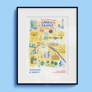 Carte jaune personnalisée de Paris par H Miller Ink | Impression d'art personnalisée anniversaire de mariage | Posters de cartes d'aventures de voyage pour les couples en voyage