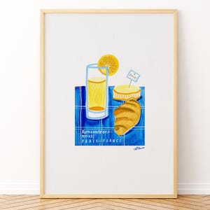 Framed French Bistro Food Art Print by H Miller Ink | Hand Painted Croissant, Paris Cafe Poster, Traveler Art for Kitchen, Dining Room Art