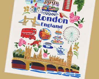 London England Tea Towel Illustrated by H Miller Ink, Hand Drawn UK Travel Art Dishcloth, English Kitchen Decor, Cotton Linens, 18x30