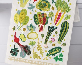 Paño de cocina con diseño de huerto ilustrado por H Miller Ink, arte vegetal dibujado a mano, lino de algodón, decoración de cocina rústica, tamaño 18x30.