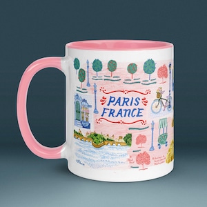 Rosa Paris Print Keramiktasse von H Miller Ink | Handgemalte Karte Kunst Kaffeetasse, süße Teetasse, Küchentasse, Becher Geschenk für Reisende, Paris Geschenk