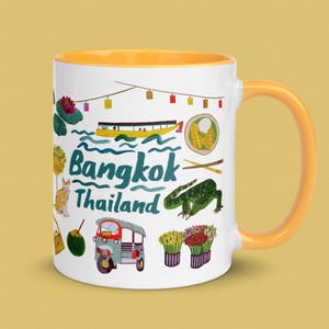 Bangkok Thailand Yellow Ceramic Mug by H Miller Ink | Hand Drawn Coffee Mug Tea Mug, Kitchen Cup, Mug Gift Idea Travel Lovers, Asia Souvenir