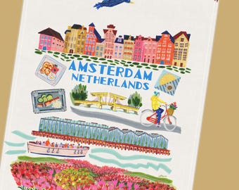 Amsterdam Netherlands Tea Towel Illustrated by H Miller Ink, Hand Drawn Cotton Dishcloth, Holland Travel Art, Dutch Kitchen Decor, 18"x30"