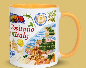 Positano Italy Ceramic Yellow Mug Illustrated by H Miller Ink, Hand Drawn Amalfi Coast Travel Art Coffee Cup, Italian Kitchen Decor, 11oz