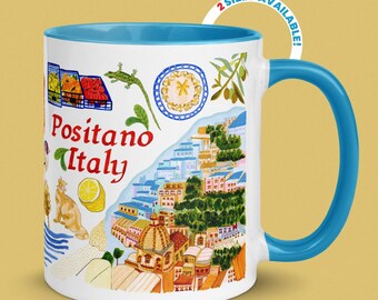 Positano Italy Ceramic Blue Mug Illustrated by H Miller Ink, Hand Drawn Amalfi Coast Travel Art Coffee Cup, Italian Kitchen Decor, 11oz-15oz