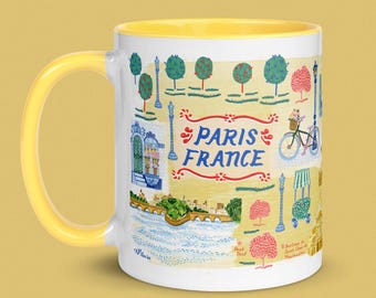 Paris France Ceramic Mug by H Miller Ink, Size 11oz, Yellow Handle & Interior, Hand Drawn Travel Art Coffee Cup, French Kitchen Decor