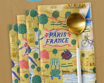 Paris France Cloth Napkin Set of 4 in Yellow Illustrated by H Miller Ink, Hand Drawn Parisian Travel Art, French Kitchen Table Decor, 20x20