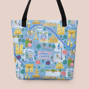 Illustrierte Karte von Paris Tragetasche von H Miller Ink | Reise-Einkaufstasche | Blaue Tragetasche | Bunte Taschen | Wiederverwendbare Einkaufstasche | Geschenk für Reisende