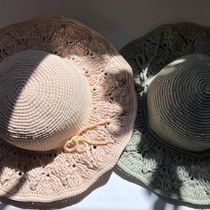 Wide Brim Raffia Sun Hat - Crochet Leaf Pattern - Adjustable Brim with Wire - Small Size 52-56cm - Chic