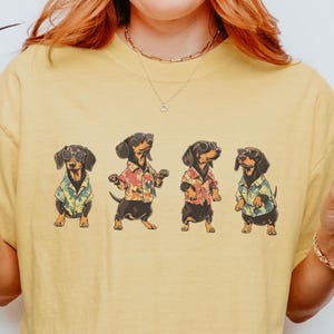 Summer Dachshund T-Shirt, Hawaiian Shirt Wiener Dogs, Sausage Doggy Tee, Gifts for Doxie Owners, Pet Parent Apparel Funny Dancing Dog Design